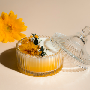 Golden Glow – Hand-Poured Yellow Glass Jar Candle with Floral Accents