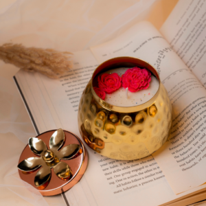 Hammered Brass Jar – Hand-Poured Soy Wax Candle with Carved Rose Lid