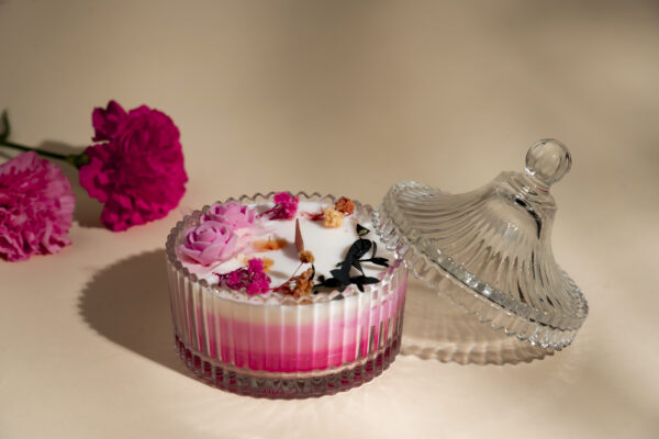 Blush Harmony – Hand-Poured Pink Glass Jar Candle with Rose Accents