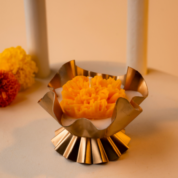 Golden Lotus Pedestal – Hand-Poured Marigold Soy Wax Candle in Metal Stand
