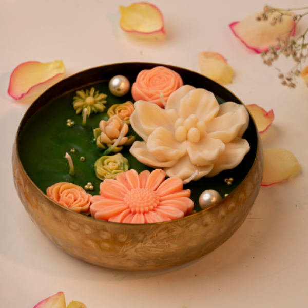 Midnight Bloom – Hand-Poured Brass Urli Candle with Floral Detailing