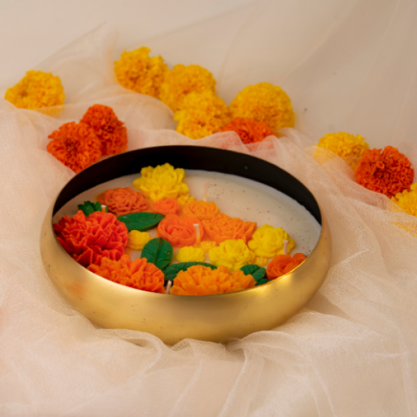 Marigold Charm – Hand-Poured Brass Urli Candle with Floral Marigold Detailing
