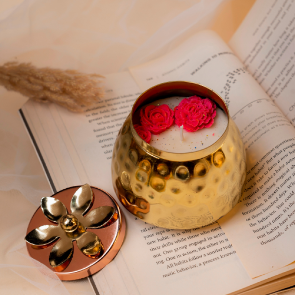 Hammered Brass Jar – Hand-Poured Soy Wax Candle with Carved Rose Lid